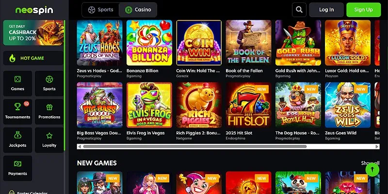 Neospin Casino NZ homepage screenshot